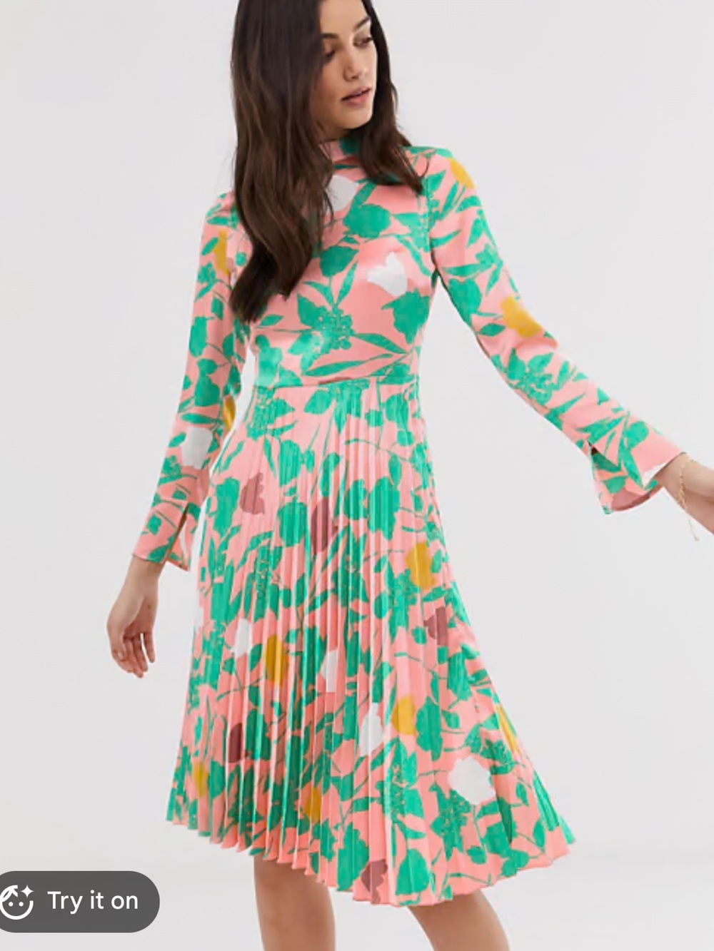 ASOS Floral Pleated Midi Dress Pink Green Mod 60s US 6